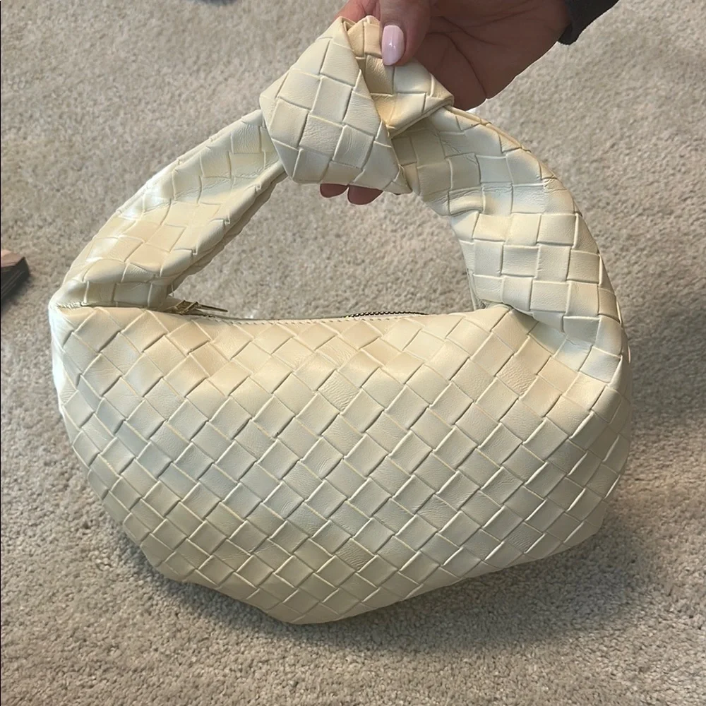 Cream Woven Handbag with Beauty Products